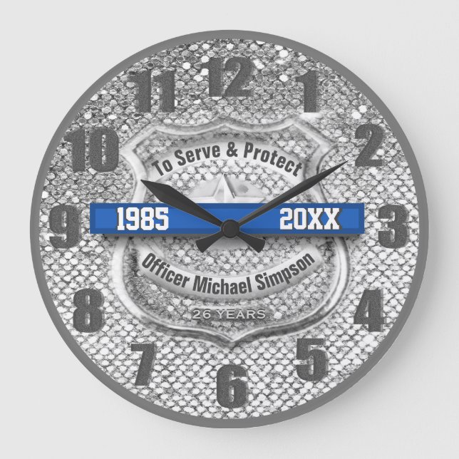 Silver Custom Blue Line Police Officer - Bezahlung Große Wanduhr (Vorderseite)