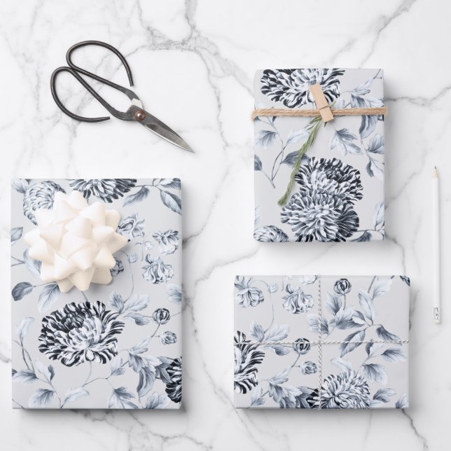 Silver Dahlias Floral Vine on Pearl Gray Geschenkpapier Set (Vorderseite)