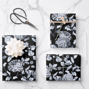 Silver Dahlias Floral Vine wählen Hintergrundfarbe Geschenkpapier Set