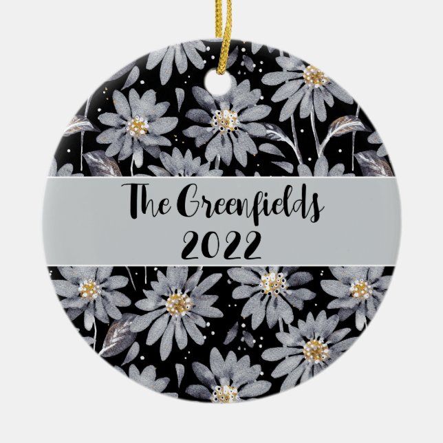 Silver Daisies auf schwarz Custom Holiday Keramik Ornament (Vorne)