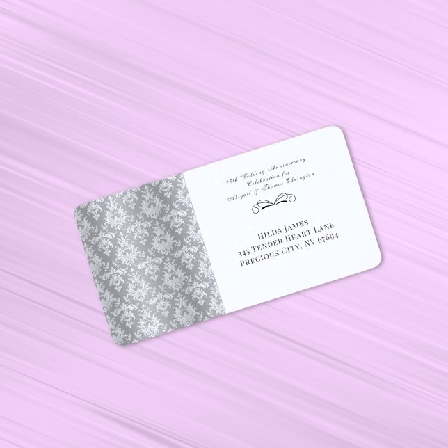 Silver Damask 25. Hochzeitstag Adressaufkleber (Silver Damask 25th Wedding Anniversary Return Address Label)