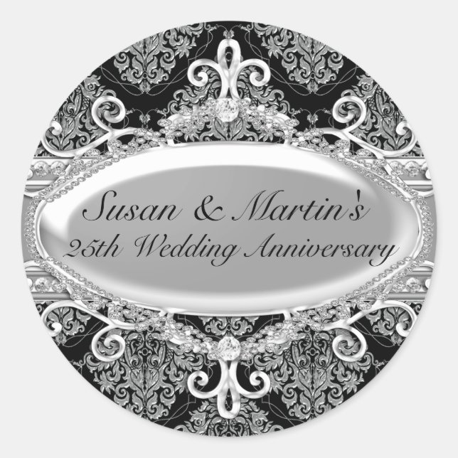 Silver Damask 25. Hochzeitsticker Runder Aufkleber (Vorderseite)