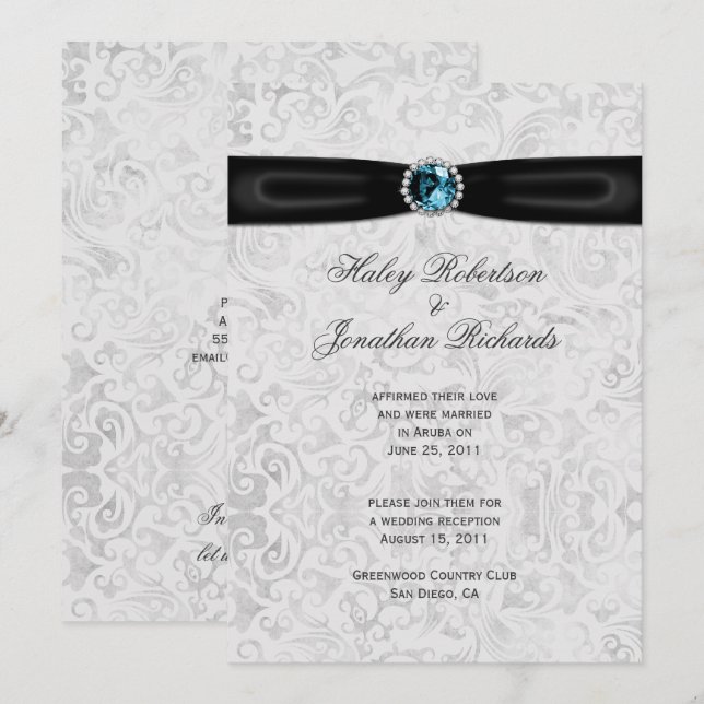Silver Damask Black Ribbon Blue Jewel Post Hochzei Einladung (Vorne/Hinten)