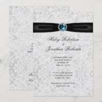 Silver Damask Black Ribbon Blue Jewel Post Hochzei