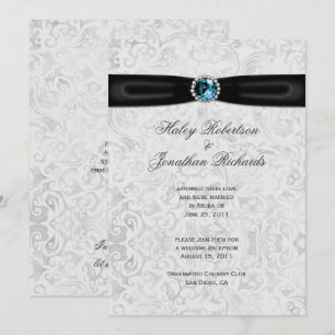 Silver Damask Black Ribbon Blue Jewel Post Hochzei Einladung