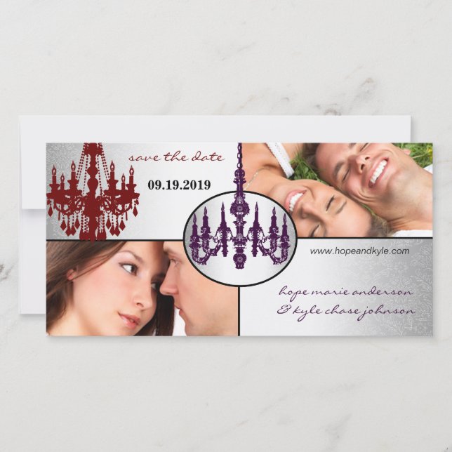 Silver Damask Chandelier Save the Date Foto (Vorderseite)