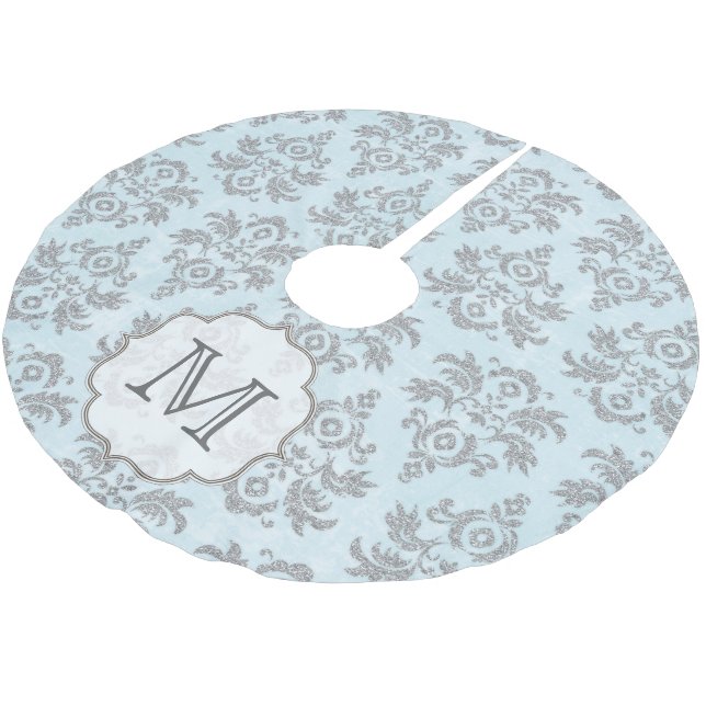 Silver Damask Lace Monogram Initial Tree Skirt Polyester Weihnachtsbaumdecke (Schrägansicht)