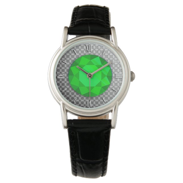 Silver Damask mit einem smaragdgrünen Edelstein /  Armbanduhr (Vorderseite)