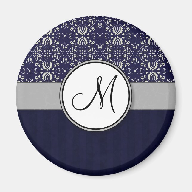 Silver Damask on Blue with Stripes and Monogram Magnet (Vorne)