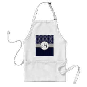 Silver Damask on Blue with Stripes and Monogram Schürze