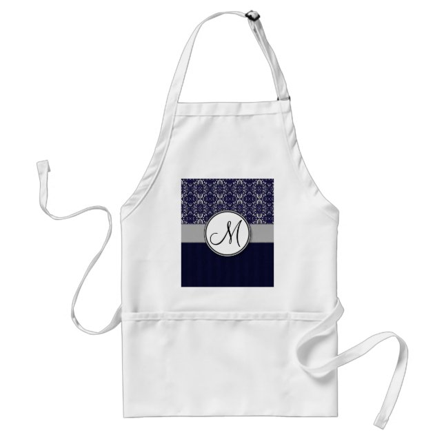 Silver Damask on Blue with Stripes and Monogram Schürze (Vorne)
