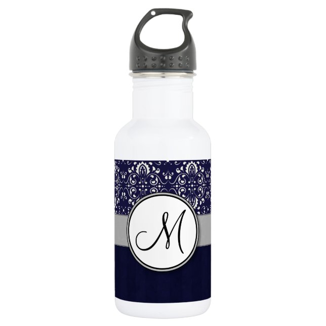 Silver Damask on Blue with Stripes and Monogram Trinkflasche (Vorderseite)