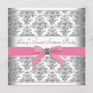 Silver Damask Pink 16 . Geburtstag Geburtstagspart Einladung