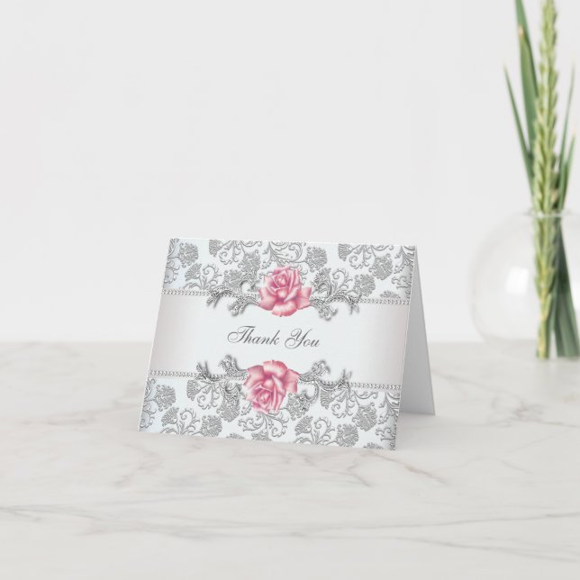 Silver Damask Pink Rose Vielen Dank Dankeskarte (Vorderseite)
