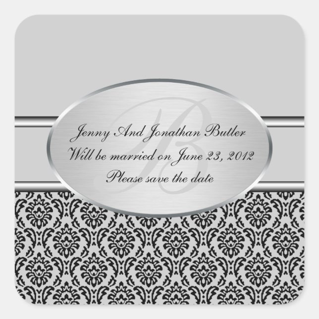 Silver Damask Save the Date Stickers (Vorderseite)