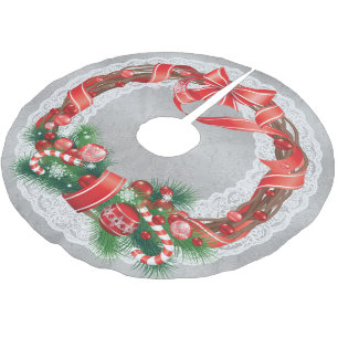 Silver Damask und Spitzen mit Weihnachtskranz Polyester Weihnachtsbaumdecke