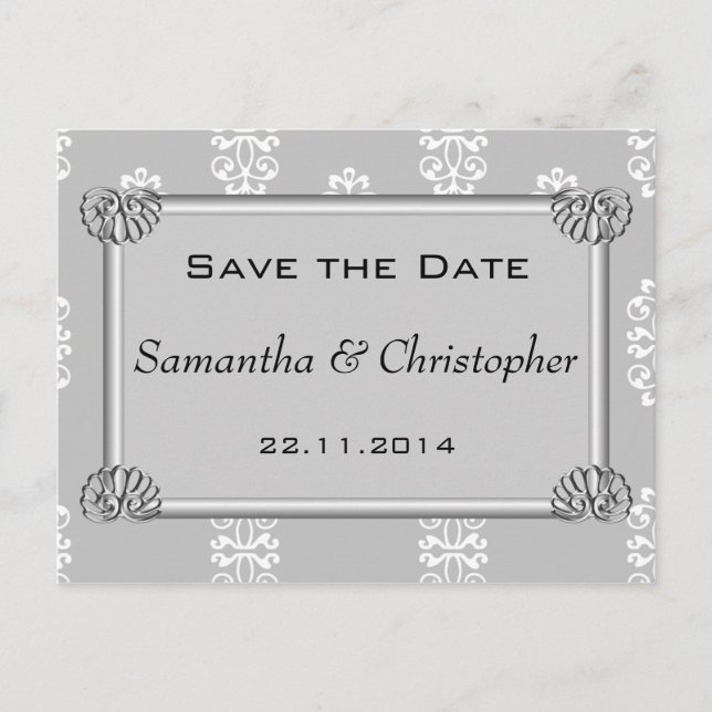 Silver Damask Wedding Save the Date Ankündigungspostkarte (Vorderseite)