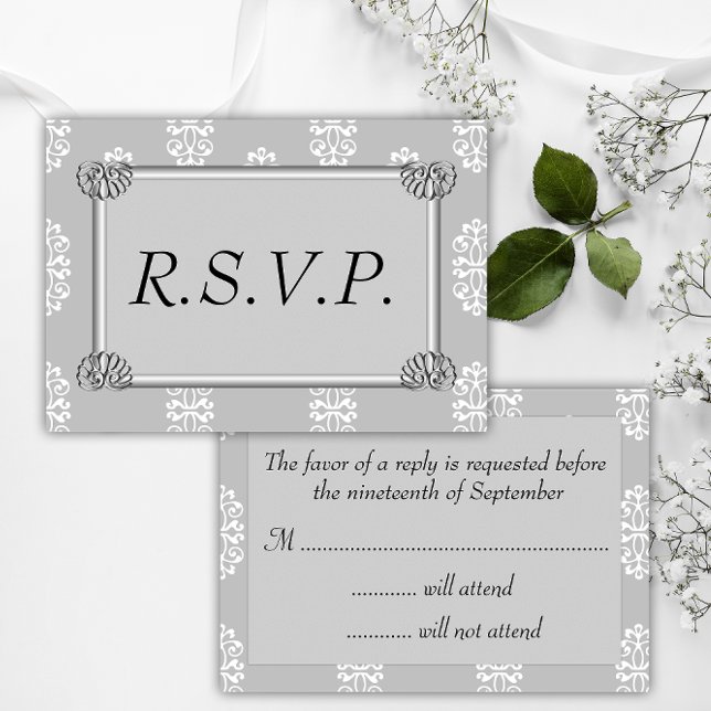 Silver Damask Wedding UAWG RSVP Karte (Von Creator hochgeladen)