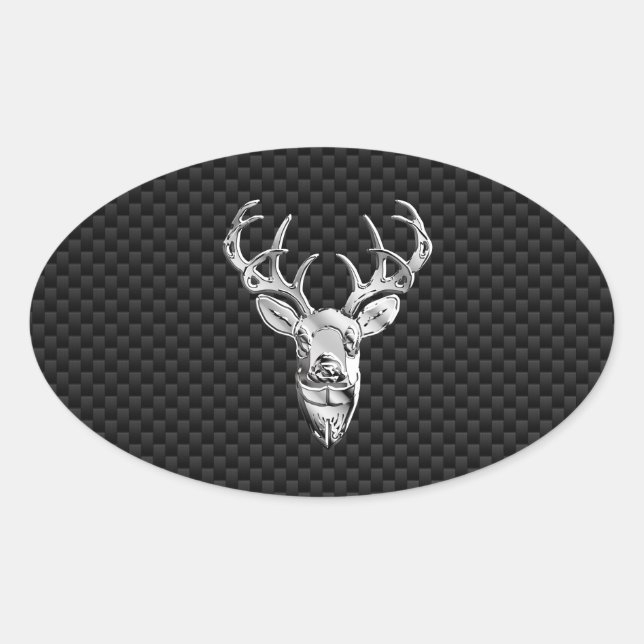 Silver Deer Head on Carbon Fiber Style Decor Ovaler Aufkleber (Vorderseite)