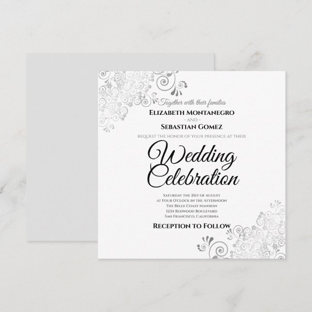 Silver Delicate Filigree Elegante Square Wedding Einladung (Vorne/Hinten)