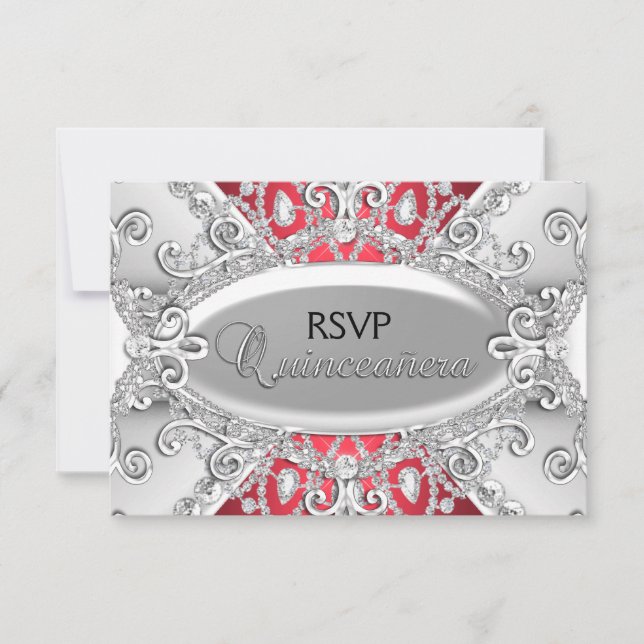 Silver & Diamant Rouge Damask Quinceanera RSVP (Devant)