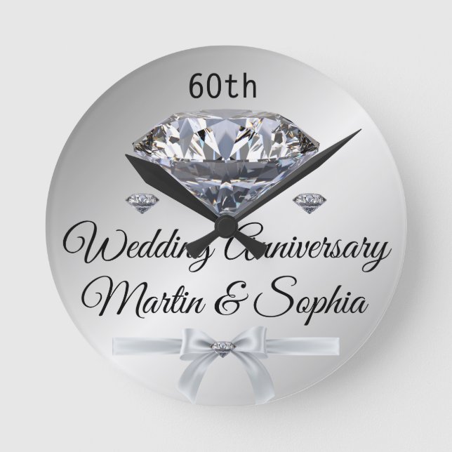 Silver Diamond 60 Jahre Jubiläum Geschenk für Ehef Runde Wanduhr (Vorderseite)