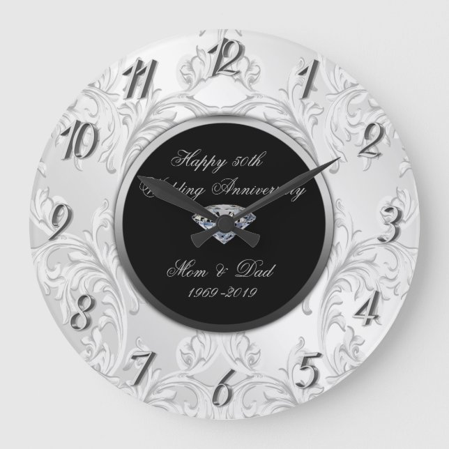 Silver Diamond Damask 50. Hochzeitstag Große Wanduhr (Vorderseite)