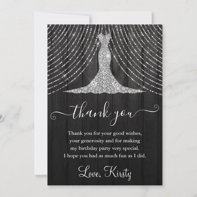 Silver Diamond Dress on Black Wood Birthday Party Dankeskarte (Vorderseite)