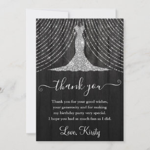Silver Diamond Dress on Black Wood Birthday Party Dankeskarte