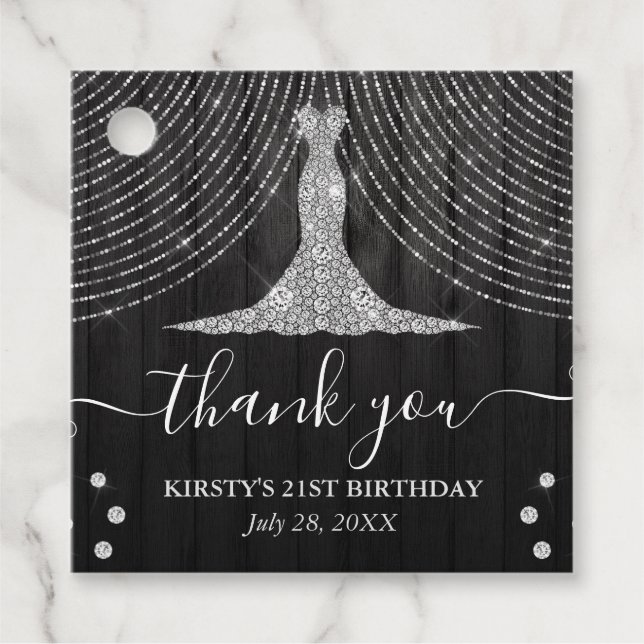 Silver Diamond Dress on Black Wood Birthday Party Geschenkanhänger (Vorderseite)