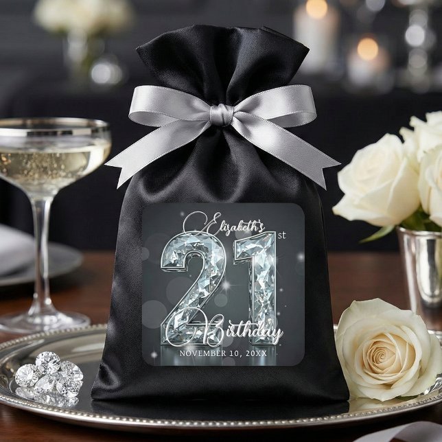 Silver Diamond Glamour Black 21st Birthday Party Quadratischer Aufkleber (Von Creator hochgeladen)