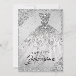 Silver Diamond Lace Sparkle Gown Quinceanera Einladung
