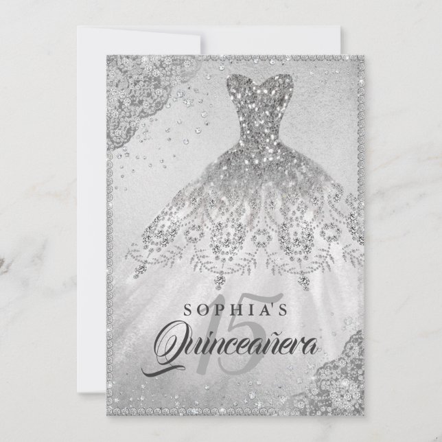 Silver Diamond Lace Sparkle Gown Quinceanera Einladung (Vorderseite)