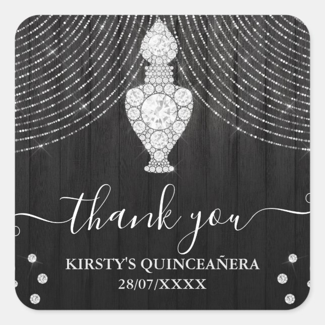 Silver Diamond Parfüm Flasche Quinceanera Quadratischer Aufkleber (Vorderseite)