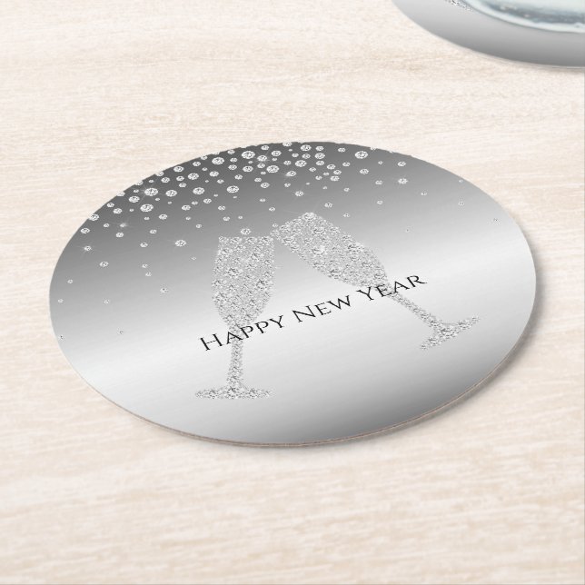 Silver Diamond Sparkle Champagne Glass New Year's Runder Pappuntersetzer (Angewinkelt)