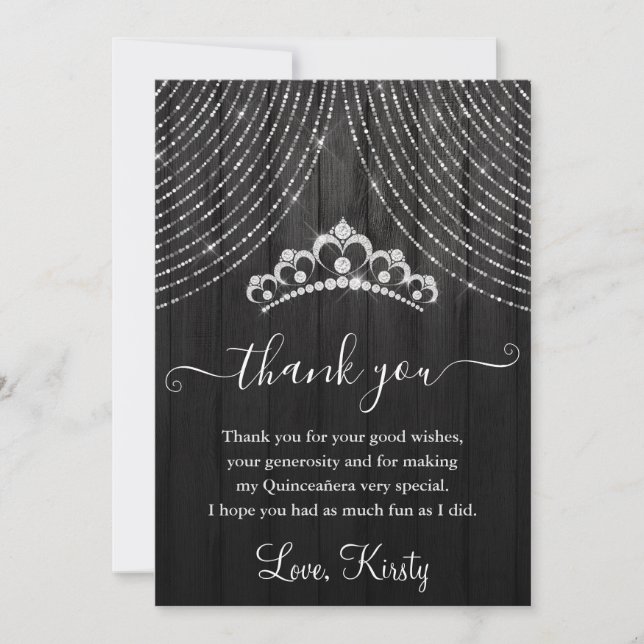 Silver Diamond Tiara auf Schwarzwald Quinceanera Dankeskarte (Vorderseite)