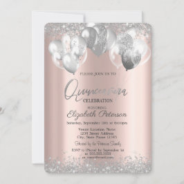 Silver Diamonds Balloons Rose Gold Quinceañera Einladung