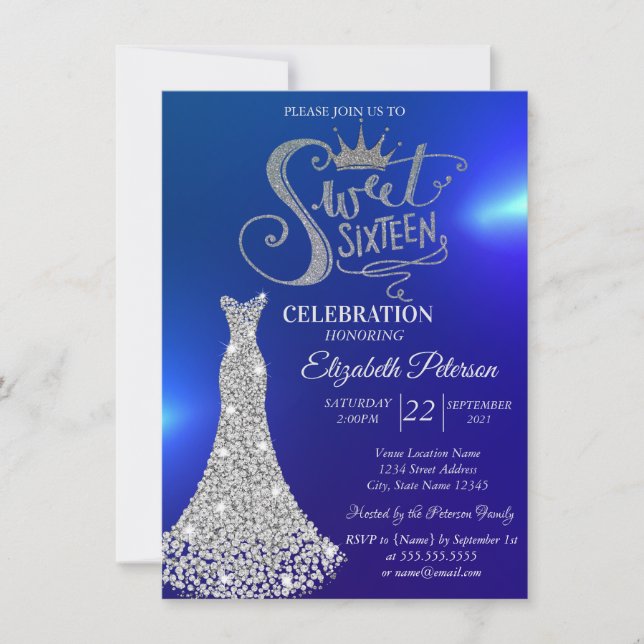 Silver Diamonds Dress, Diamonds Blue Sweet 16 Einladung (Vorderseite)