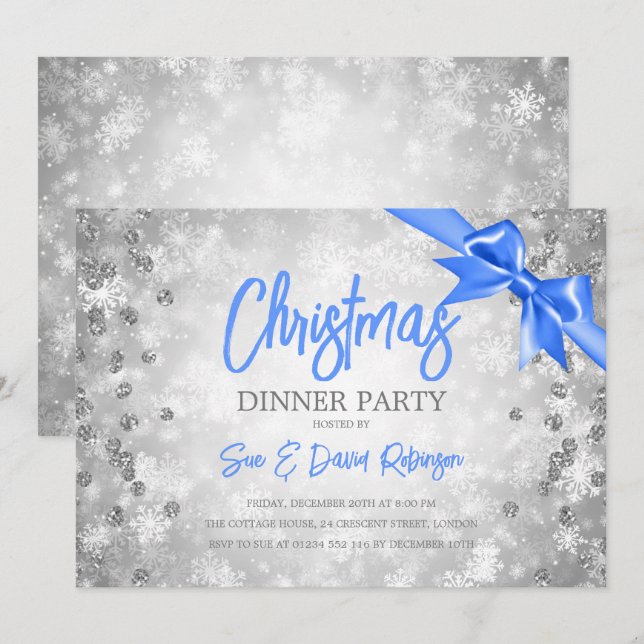 Silver Diamonds Glitzer Blue Ribbon Weihnachten Einladung (Vorne/Hinten)