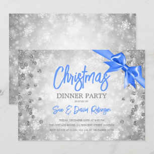 Silver Diamonds Glitzer Blue Ribbon Weihnachten Einladung