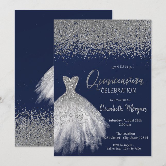 Silver Diamonds, Glitzer Dress Blue Quinceañera Einladung (Vorne/Hinten)