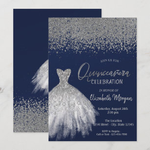 Silver Diamonds, Glitzer Dress Blue Quinceañera Einladung