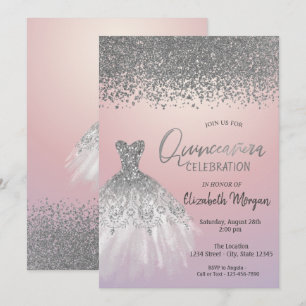 Silver Diamonds, Glitzer Dress Pink Quinceañera Einladung