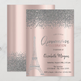 Silver Diamonds Rose Gold, Eiffelturm Quinceanera Einladung