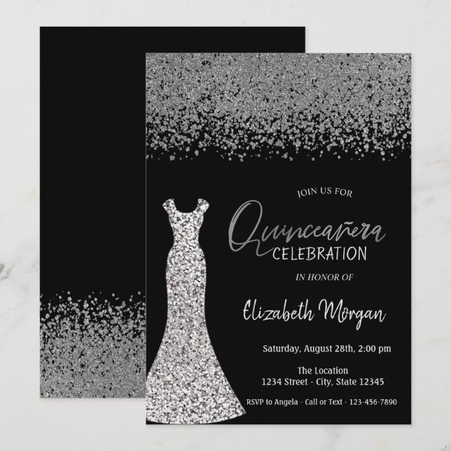 Silver Diamonds, Sequins Dress Black Quinceañera Einladung (Vorne/Hinten)