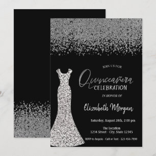 Silver Diamonds, Sequins Dress Black Quinceañera Einladung