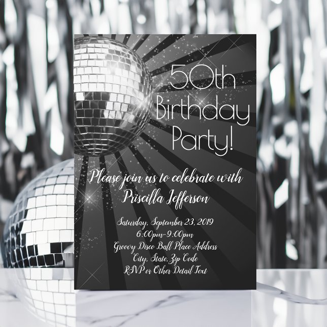 Silver Disco Ball 50. Geburtstagsparty Einladung (Silver disco ball 50th birthday party invitations)