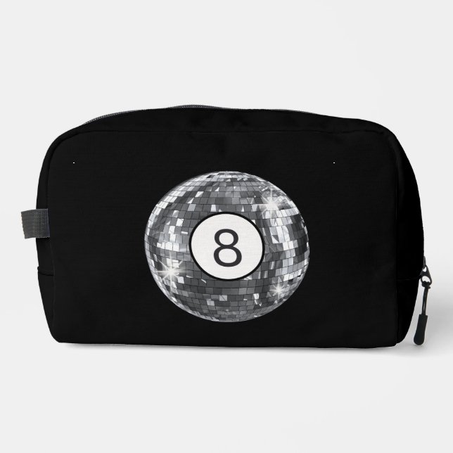 Silver Disco Ball, 8 Ball Motif, Retro 1970er Waschbeutel (Vorderseite)