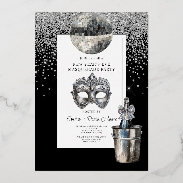 Silver Disco Ball Silvester Masquerade Party Folieneinladung (Vorderseite)