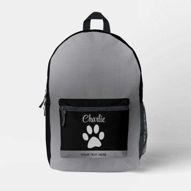 Silver Dog Paw auf schwarzem Hintergrund Bedruckter Rucksack (Vorderseite)
